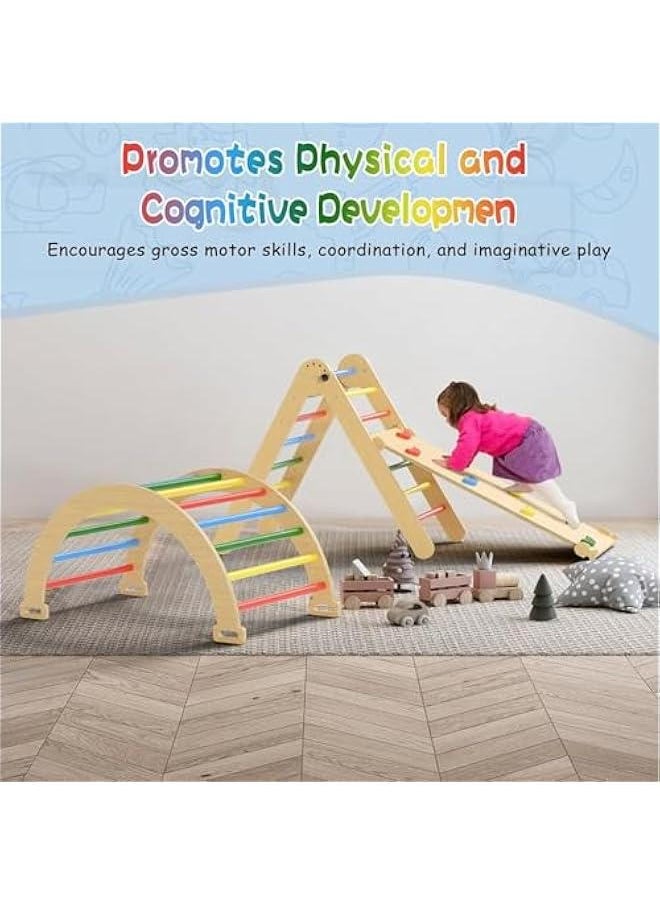 Baby Climbing Toys Indoor Playground,5-in-1 Rainbow Pikler Triangle Set,3Pcs Wooden Rainbow Montessori Climbing Set for 3+ Years Old Baby Suitable for Park Indoor Outoor Home (4 color)