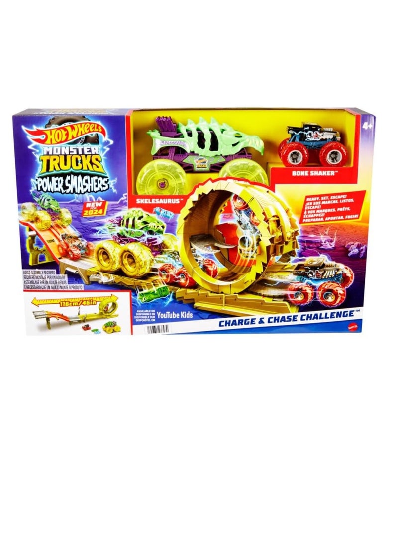 Monster Trucks Track Set with 2 Toy Trucks: Oversized Skelesaurus & 1:64 Scale Bone Shaker, Charge & Chase Challenge with 2 Crushed Cars