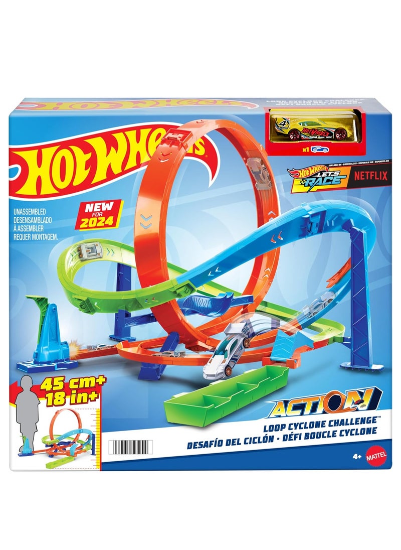 Action Loop Cyclone Challenge Track Set with 1:64 Scale Toy Car, Easy Storage