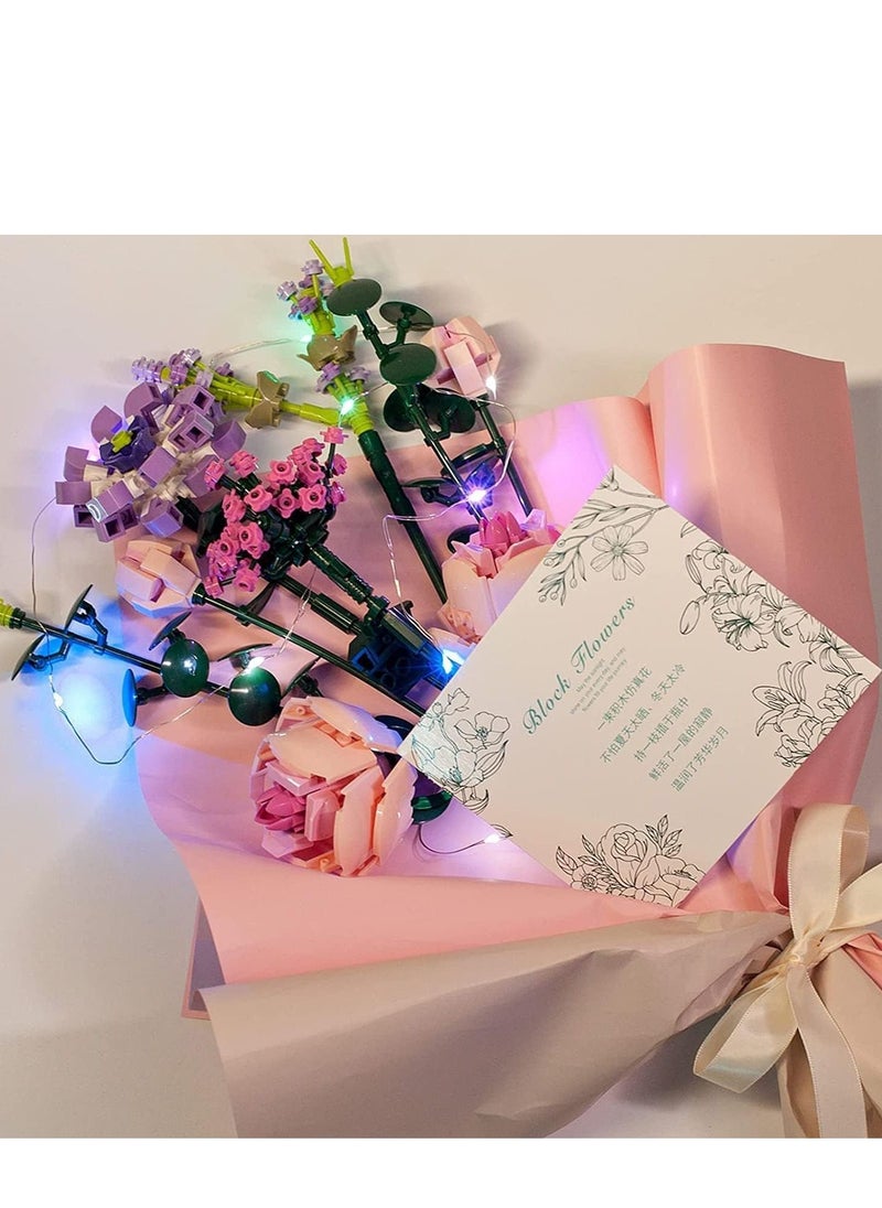 Rose Flower Bouquet Building Kit, Unique Artificial Flowers with LED Lightu0026Wrapping Paper and Card, DIY Creative Set- Ideal Gifts for Adult Girl Kids Birthday (413 Pieces)