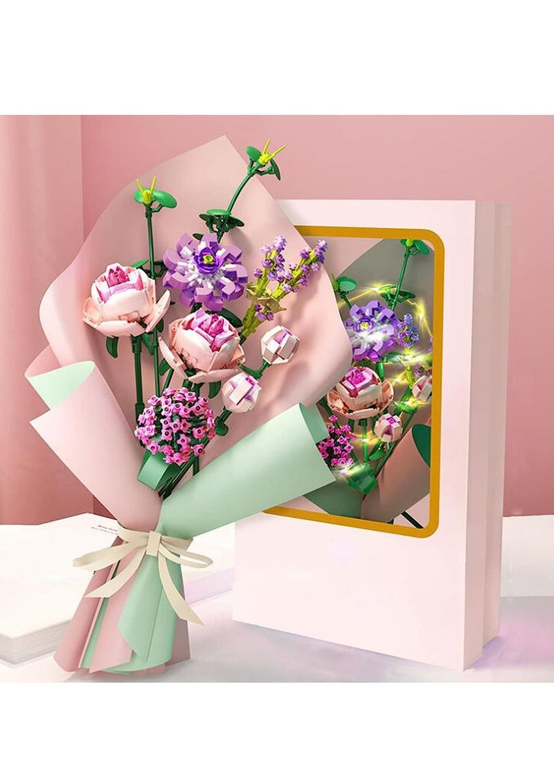 Rose Flower Bouquet Building Kit, Unique Artificial Flowers with LED Lightu0026Wrapping Paper and Card, DIY Creative Set- Ideal Gifts for Adult Girl Kids Birthday (413 Pieces)