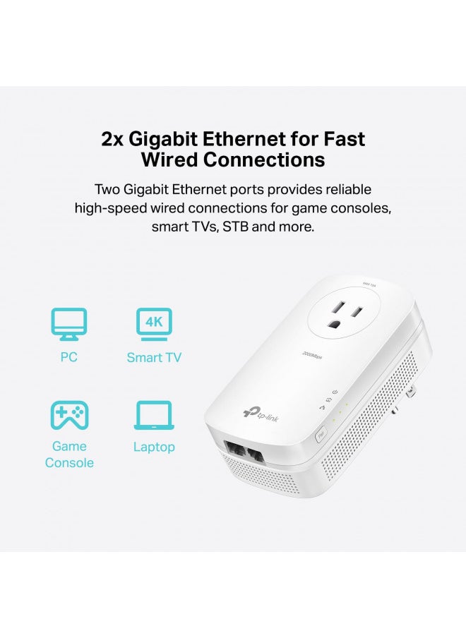 TP-Link AV2000 Powerline Adapter - 2 Gigabit Ports, Ethernet Over Power, Plug&Play, Power Saving, 2x2 MIMO, Noise Filtering, Extra Power Socket for other Devices, Ideal for Gaming (TL-PA9020P KIT)