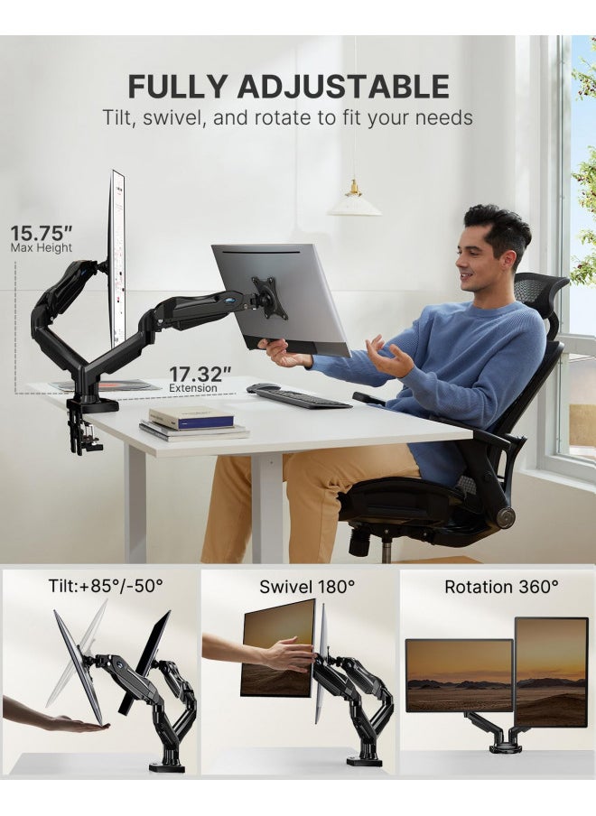 HUANUO Dual Monitor Stand, Adjustable Spring Monitor Desk Mount for 13-27 inch, Holds Max 14.3lbs, Computer Monitor Arms with Wide Range of Motion for Home Office