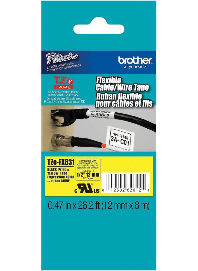 Brother Laminated Flexible ID Black on Yellow 1/2 Inch Tape - Retail Packaging (TZeFX631) - Retail Packaging