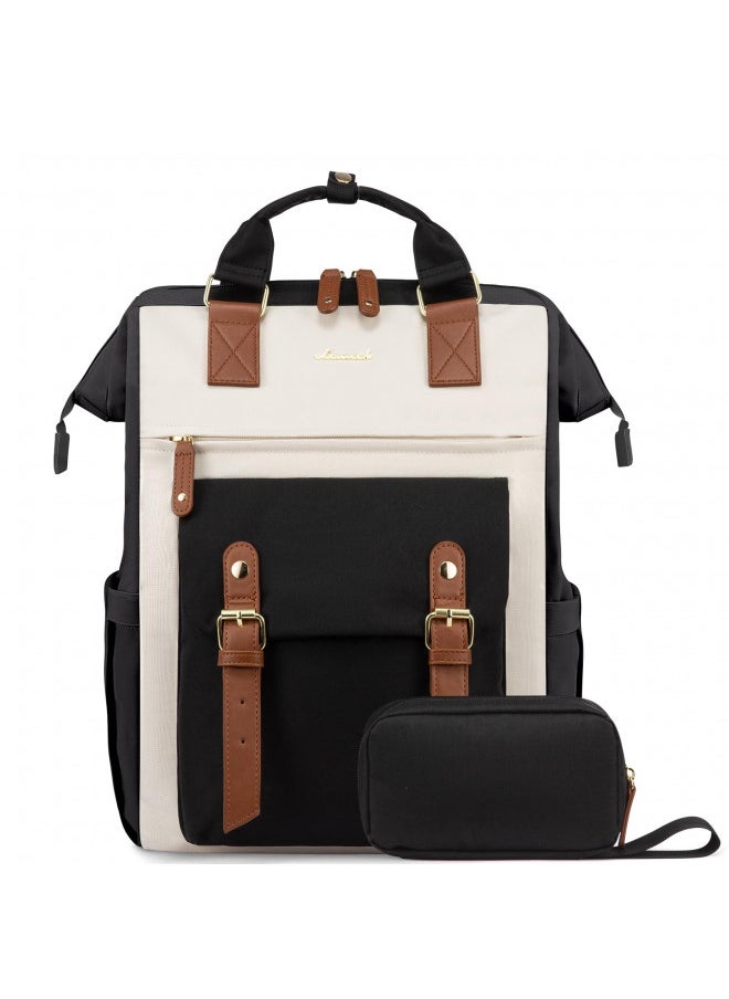 LOVEVOOK Laptop Backpack For Women Work Travel Backpack Purse, Nurse Bag College Backpack, Teacher Business Laptop Bag, Waterproof Wide Open Computer Back pack, 15.6 Inch, Black-Beige-Brown
