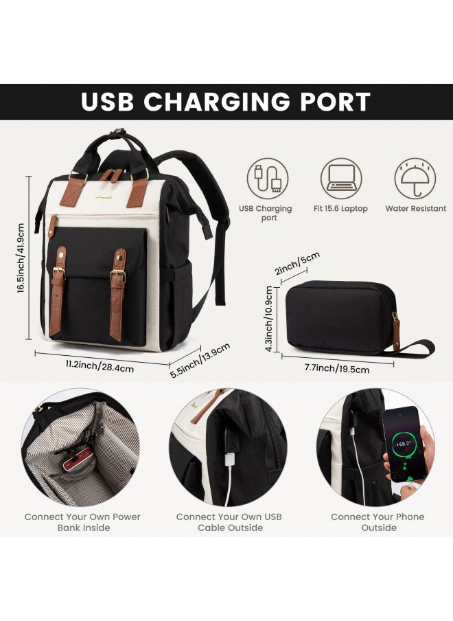 LOVEVOOK Laptop Backpack For Women Work Travel Backpack Purse, Nurse Bag College Backpack, Teacher Business Laptop Bag, Waterproof Wide Open Computer Back pack, 15.6 Inch, Black-Beige-Brown