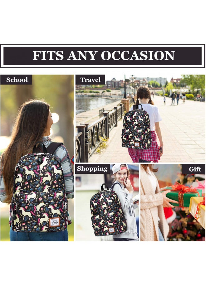 VASCHY School Backpack for Girls, Cute Schoolbag Bookbag for Kids/Teens/Middle School/College/Work Backpack for Women, Black Unicorn