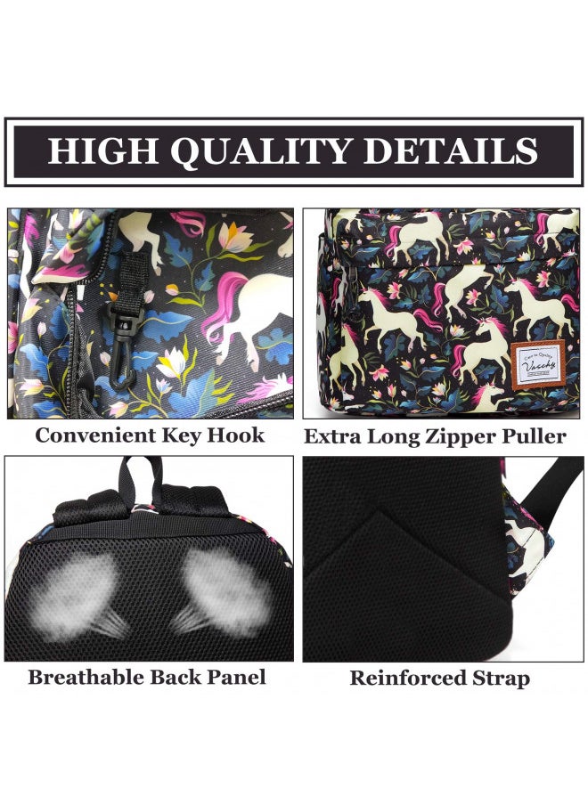 VASCHY School Backpack for Girls, Cute Schoolbag Bookbag for Kids/Teens/Middle School/College/Work Backpack for Women, Black Unicorn