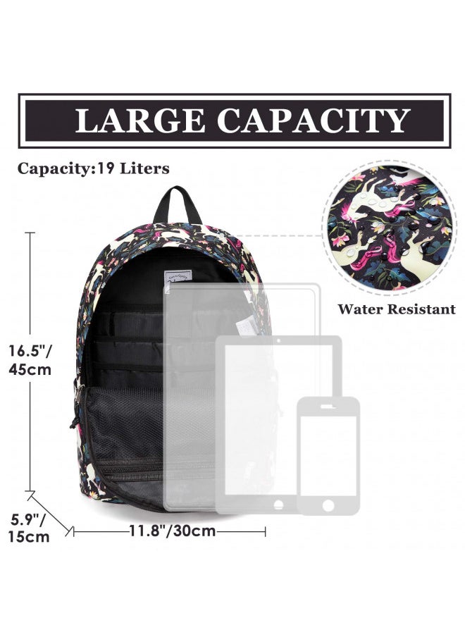 VASCHY School Backpack for Girls, Cute Schoolbag Bookbag for Kids/Teens/Middle School/College/Work Backpack for Women, Black Unicorn