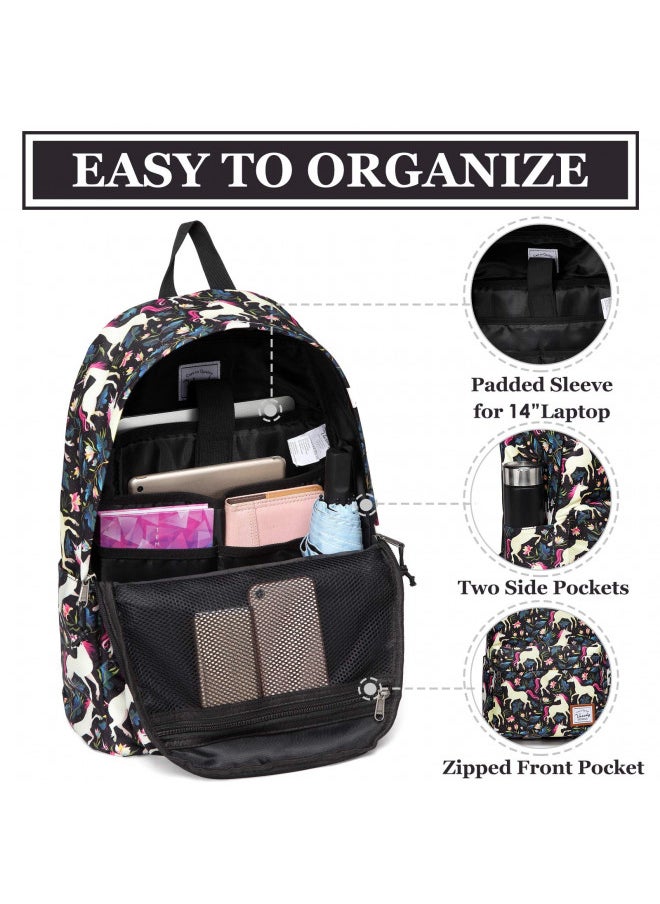 VASCHY School Backpack for Girls, Cute Schoolbag Bookbag for Kids/Teens/Middle School/College/Work Backpack for Women, Black Unicorn