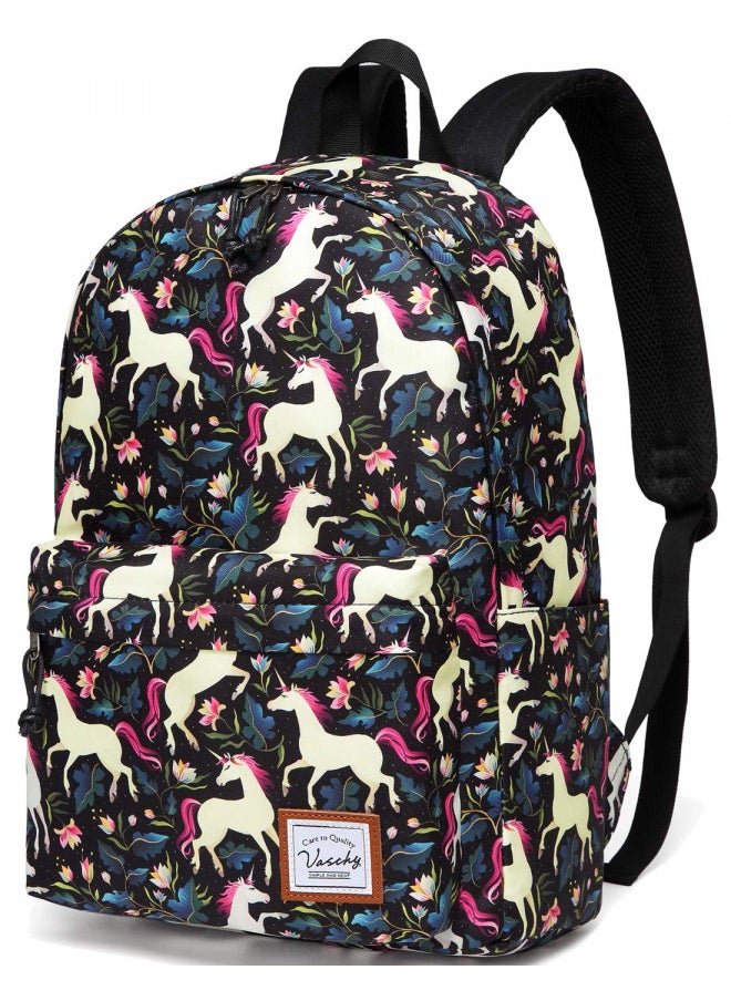 VASCHY School Backpack for Girls, Cute Schoolbag Bookbag for Kids/Teens/Middle School/College/Work Backpack for Women, Black Unicorn