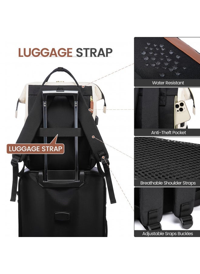 LOVEVOOK Laptop Backpack Purse for Women Men, Nurse Work Business Travel Backpack Bag, Wide Open Backpack, Lightweight Water Resistent Daypack with USB Charging Port, 17.3 inch, Beige-Black-Brown