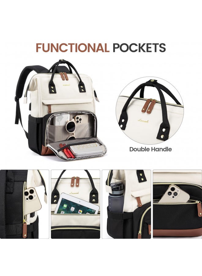 LOVEVOOK Laptop Backpack Purse for Women Men, Nurse Work Business Travel Backpack Bag, Wide Open Backpack, Lightweight Water Resistent Daypack with USB Charging Port, 17.3 inch, Beige-Black-Brown