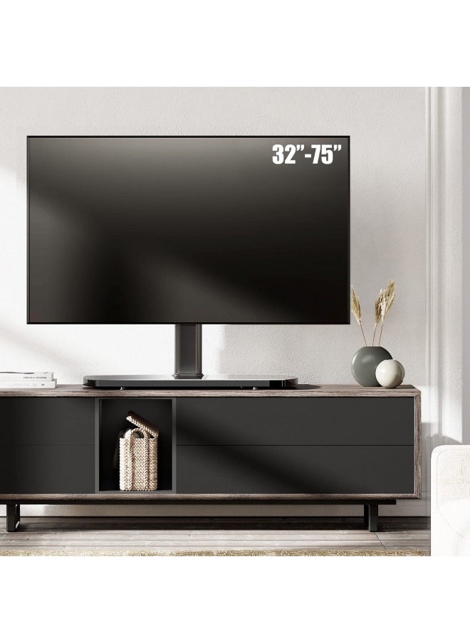 FITUEYES Universal TV Stand, Swivel TV Table Stand for 32-65 70 75 Inch Flat Screen, Table Top TV Stand Base Replacement, Height Adjustable TV Mount Stand with Glass Base, Max Holds 88lbs