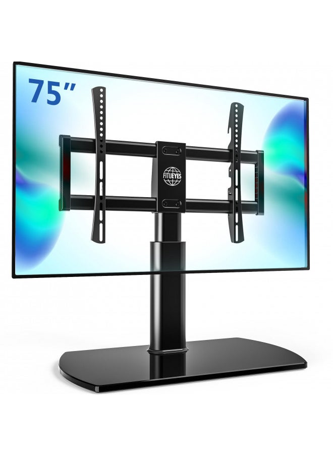 FITUEYES Universal TV Stand, Swivel TV Table Stand for 32-65 70 75 Inch Flat Screen, Table Top TV Stand Base Replacement, Height Adjustable TV Mount Stand with Glass Base, Max Holds 88lbs
