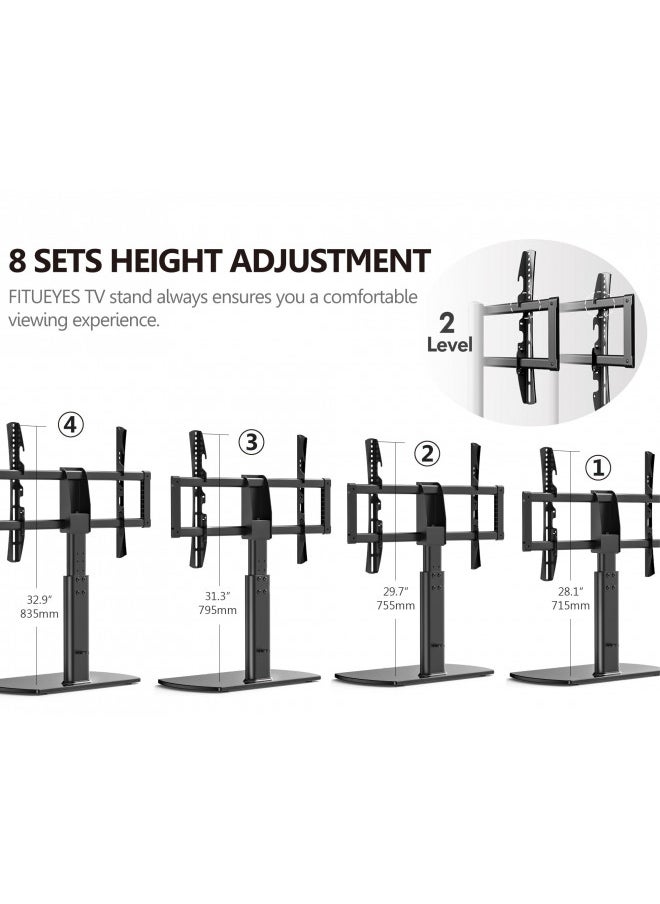 FITUEYES Universal TV Stand, Swivel TV Table Stand for 32-65 70 75 Inch Flat Screen, Table Top TV Stand Base Replacement, Height Adjustable TV Mount Stand with Glass Base, Max Holds 88lbs