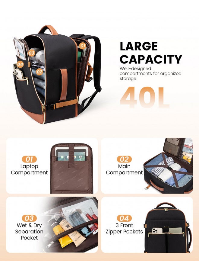 LOVEVOOK Carry On Backpack, 40L Travel Backpack Women with 3 Packing Cubes, TSA Airline Approved Suitcase Bag as Personal Item, Waterproof 17.3 inch Laptop Backpack for Weekender Overnight,Black-Brown