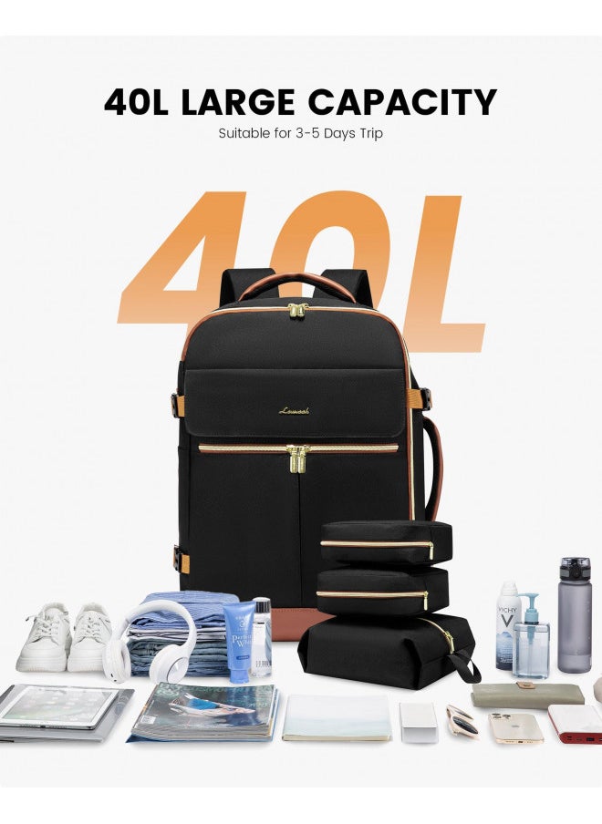 LOVEVOOK Carry On Backpack, 40L Travel Backpack Women with 3 Packing Cubes, TSA Airline Approved Suitcase Bag as Personal Item, Waterproof 17.3 inch Laptop Backpack for Weekender Overnight,Black-Brown