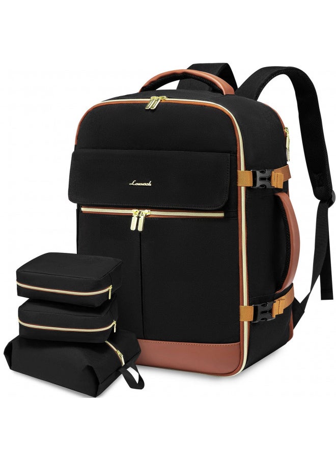 LOVEVOOK Carry On Backpack, 40L Travel Backpack Women with 3 Packing Cubes, TSA Airline Approved Suitcase Bag as Personal Item, Waterproof 17.3 inch Laptop Backpack for Weekender Overnight,Black-Brown