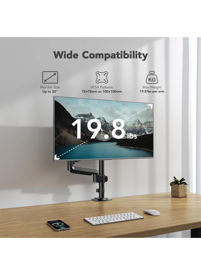 HUANUO Single Monitor Arm, Tall Computer Monitor Stand for 1332 inch Screens Holds 19.8 lbs, Adjustable Monitor Mount Gas Spring Full Motion with C-Clamp & Grommet Base, VESA 75x75 or 100x100mm