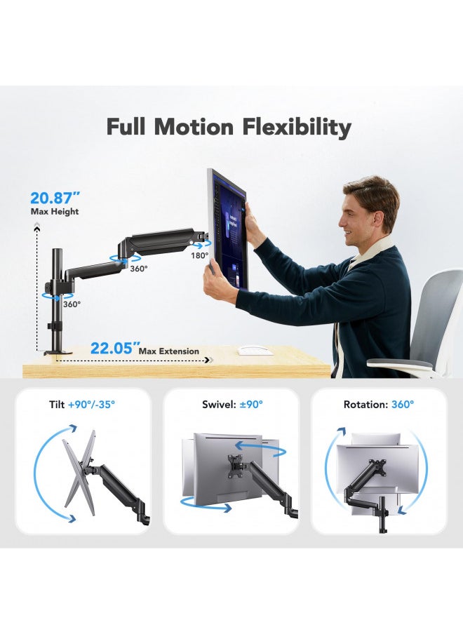 HUANUO Single Monitor Arm, Tall Computer Monitor Stand for 1332 inch Screens Holds 19.8 lbs, Adjustable Monitor Mount Gas Spring Full Motion with C-Clamp & Grommet Base, VESA 75x75 or 100x100mm