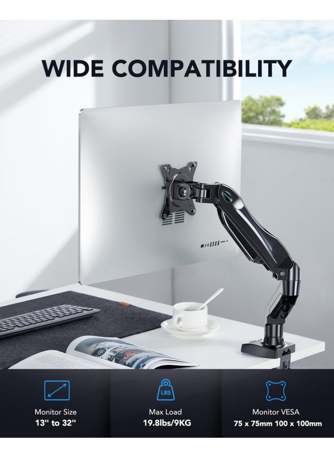 HUANUO Single Monitor Mount, 13 to 32 Inch Gas Spring Monitor Arm, Adjustable Stand, Vesa Mount with Clamp and Grommet Base - Fits 4.4 to 19.8lbs LCD Computer Monitors