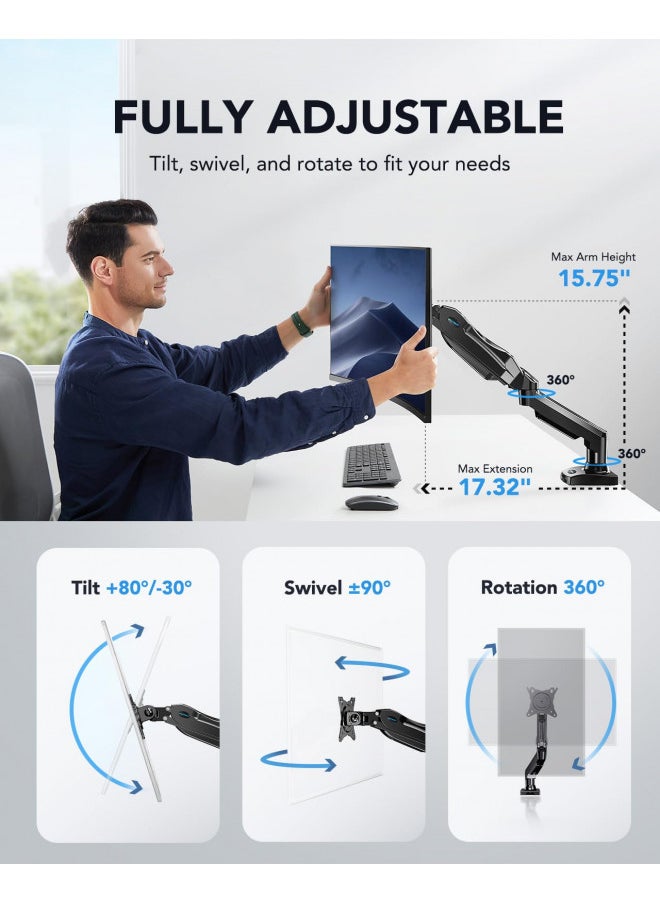 HUANUO Single Monitor Mount, 13 to 32 Inch Gas Spring Monitor Arm, Adjustable Stand, Vesa Mount with Clamp and Grommet Base - Fits 4.4 to 19.8lbs LCD Computer Monitors
