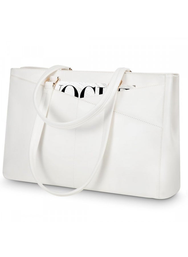 LOVEVOOK Laptop Bag for Women 15.6 Inch Tote Bags Waterproof Leather Briefcase Computer Women Business Office Work Bag,White