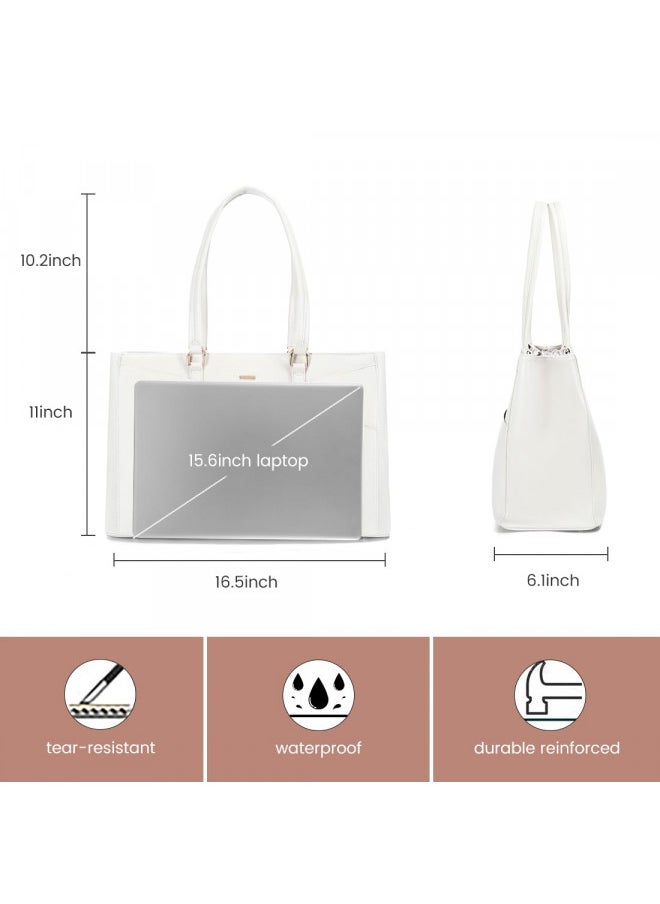 LOVEVOOK Laptop Bag for Women 15.6 Inch Tote Bags Waterproof Leather Briefcase Computer Women Business Office Work Bag,White