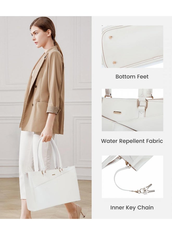LOVEVOOK Laptop Bag for Women 15.6 Inch Tote Bags Waterproof Leather Briefcase Computer Women Business Office Work Bag,White