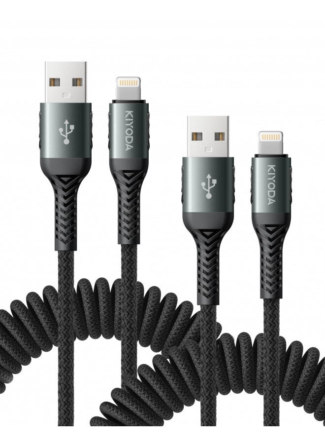 Coiled Lightning Cable Nylon Braided iPhone Charger Cord 3FT for Car [Apple MFi Certified] iPhone Fast Charging Cables Compatible with iPhone 14 13 12 11 Pro Max XR XS X 8 7 6 Plus SE iPad - 2Pack