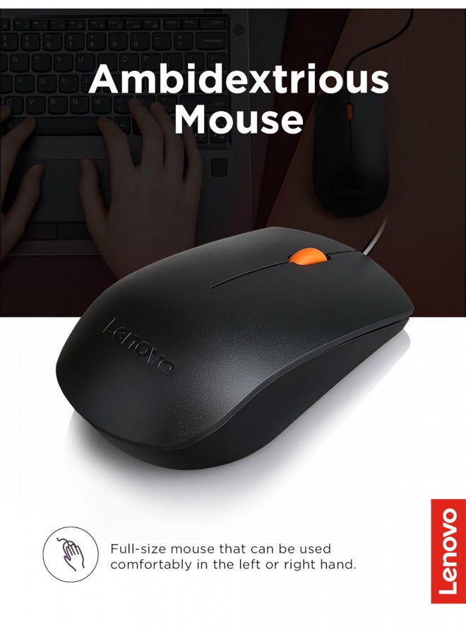 Lenovo 300 USB Combo, Full-Size Wired Keyboard & Mouse, Ergonomic, Left or Right Hand Mouse, Optical Mouse, GX30M39606, Black