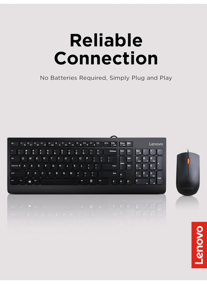 Lenovo 300 USB Combo, Full-Size Wired Keyboard & Mouse, Ergonomic, Left or Right Hand Mouse, Optical Mouse, GX30M39606, Black