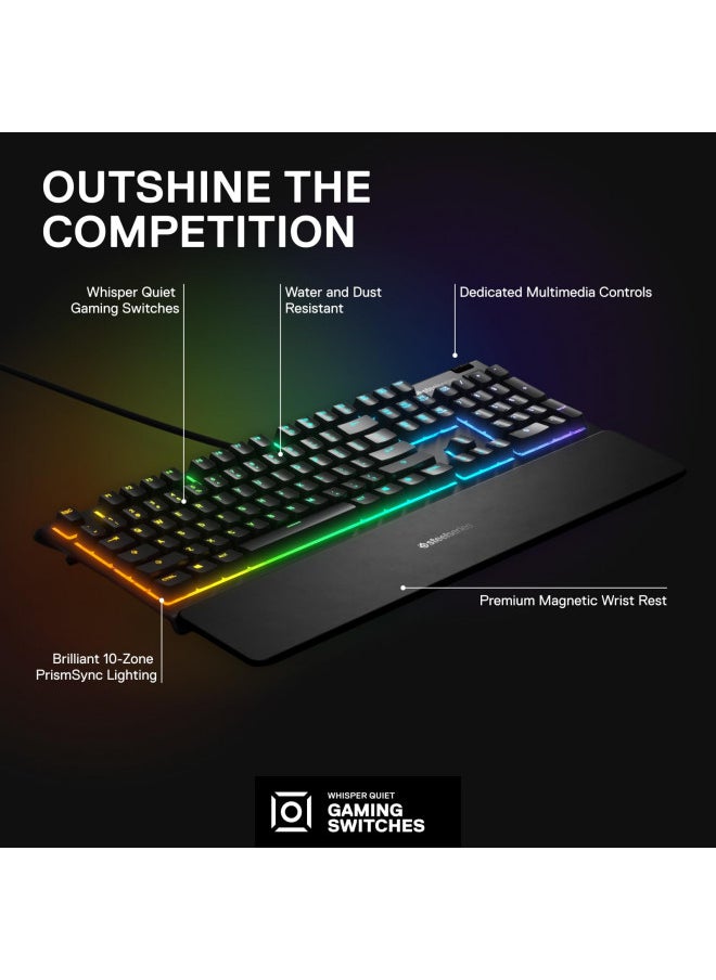 SteelSeries Apex 3 RGB Gaming Keyboard 10-Zone RGB Illumination IP32 Water Resistant Premium Magnetic Wrist Rest (Whisper Quiet Gaming Switch)