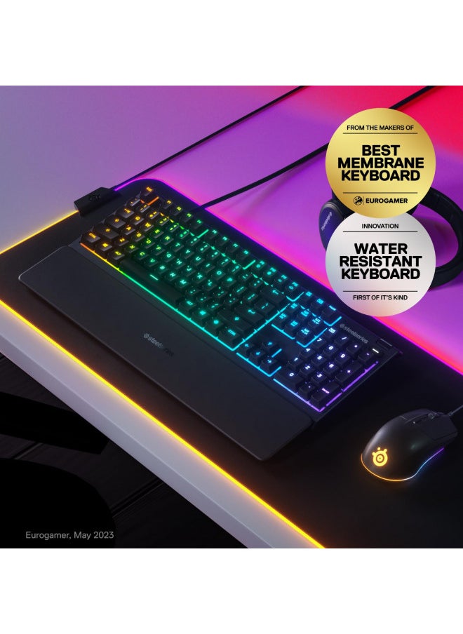 SteelSeries Apex 3 RGB Gaming Keyboard 10-Zone RGB Illumination IP32 Water Resistant Premium Magnetic Wrist Rest (Whisper Quiet Gaming Switch)
