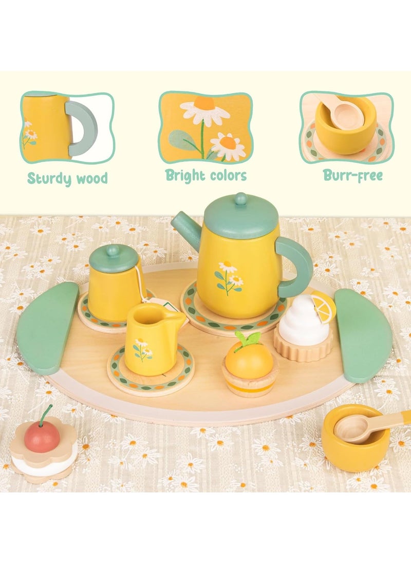 Tea Party Set Wooden Toys for Toddlers Little Girls, Kids Play Kitchen Tea Set Montessori Toys, Pretend Toys Wooden Kichen Sets,Kitchen Accessories for Kids (wooden toys)