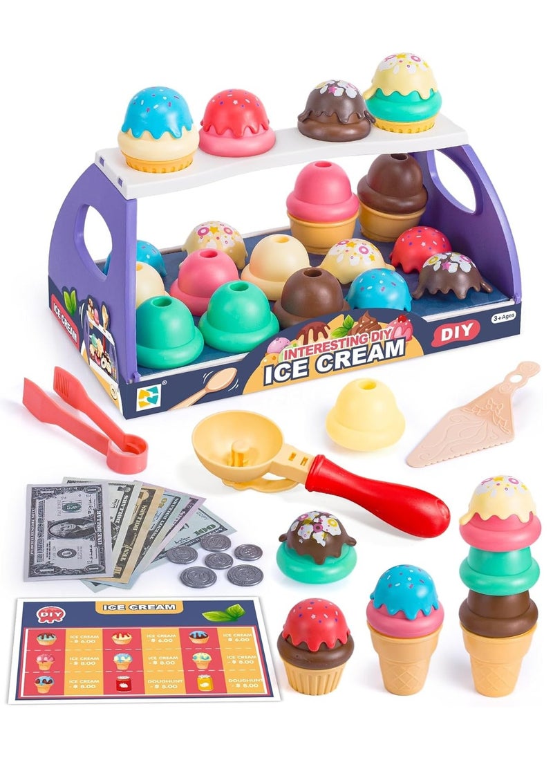 Serve Ice Cream Counter Toy, Ice Cream Toy Play Set for Kids, Toddler Ice Cream Counter Shop (39 Pcs) - Educational Pretend Play Food and Accessories, Great Gift for 3 4 5 6 Year Old Girl or Boy