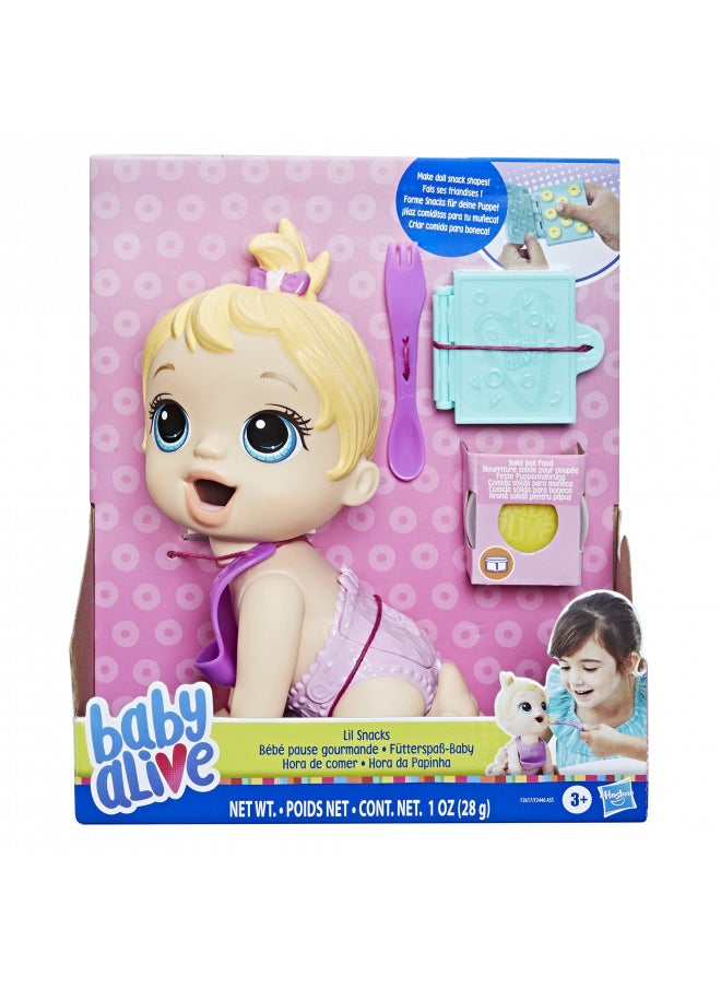 Baby Alive Lil Snacks Doll, Eats and Poops, Snack-Themed 8-Inch Baby Doll, Snack Box Mold, Toy for Kids Ages 3 and Up, Blonde Hair