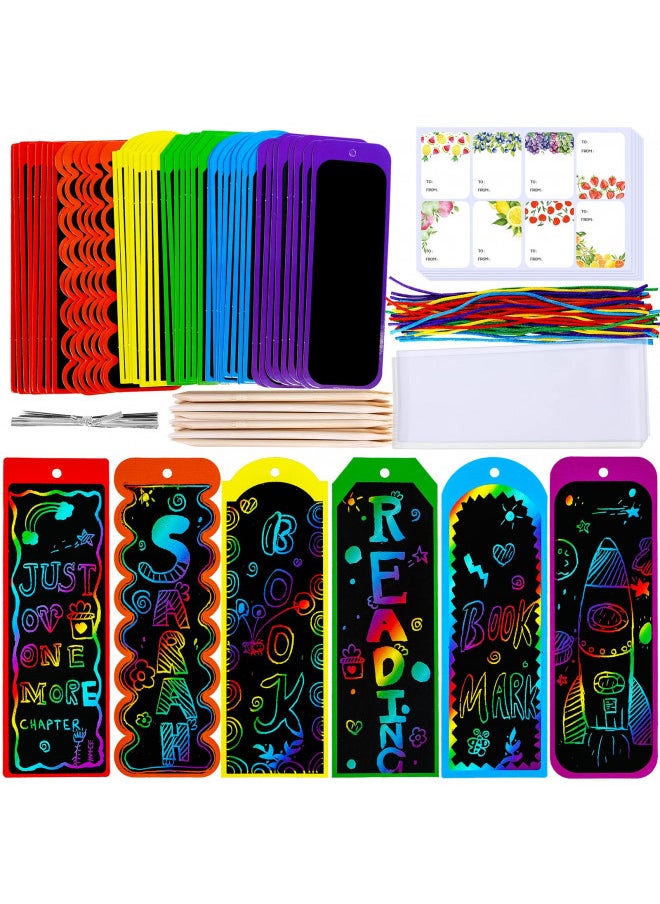 Winlyn 48 Sets 6 Styles Magic Color Scratch Bookmarks Craft Kits Rainbow Scratch Paper Art Sets for Kids Students Party Favors DIY Bookmarks Bulk with Scratching Tools Ribbons for Classroom Activities