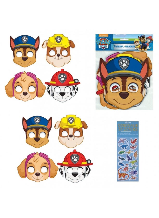 Unique Paw Patrol Birthday Party Supplies Decoration Bundle Includes 16 Kid's Party Paper Masks and 1 Dinosaur Sticker Sheet