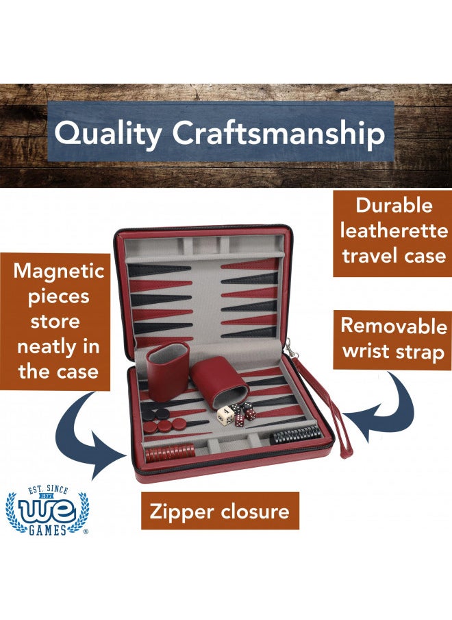 WE Games Backgammon Set, Board Games for Adults - Travel Games - Magnetic with Burgundy Leatherette Backgammon Board and Carrying Strap - Travel Backgammon Sets for Adults
