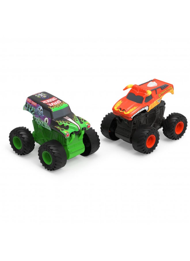 Monster Jam, 2-Pack Official Grave Digger and El Toro Loco Clip & Flip Monster Trucks, 1:43 Scale Kids Toys for Boys