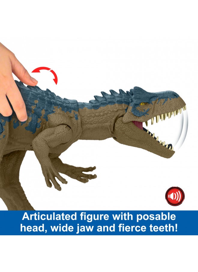 Mattel Jurassic World Ruthless Rampagin Allosaurus Dinosaur Toy, Action Figure with Continuous Chomp Attack & Roar Sounds, Button Activated Evolved Battle Spikes