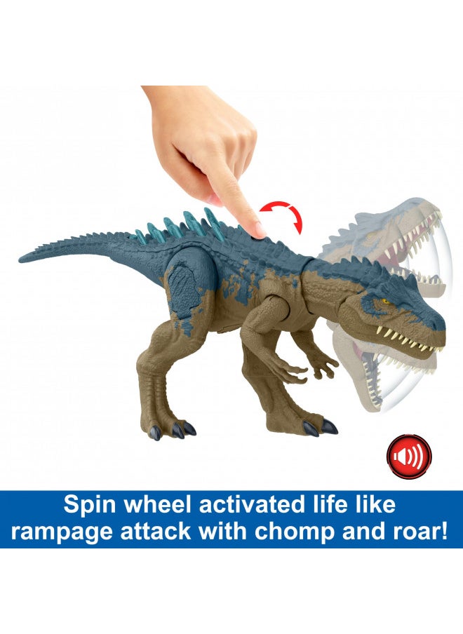 Mattel Jurassic World Ruthless Rampagin Allosaurus Dinosaur Toy, Action Figure with Continuous Chomp Attack & Roar Sounds, Button Activated Evolved Battle Spikes