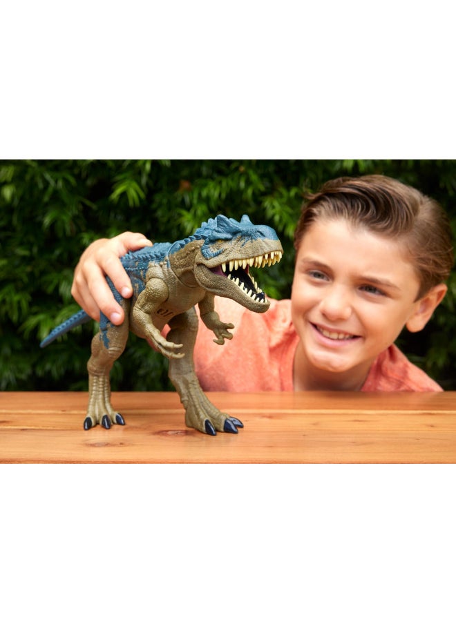 Mattel Jurassic World Ruthless Rampagin Allosaurus Dinosaur Toy, Action Figure with Continuous Chomp Attack & Roar Sounds, Button Activated Evolved Battle Spikes