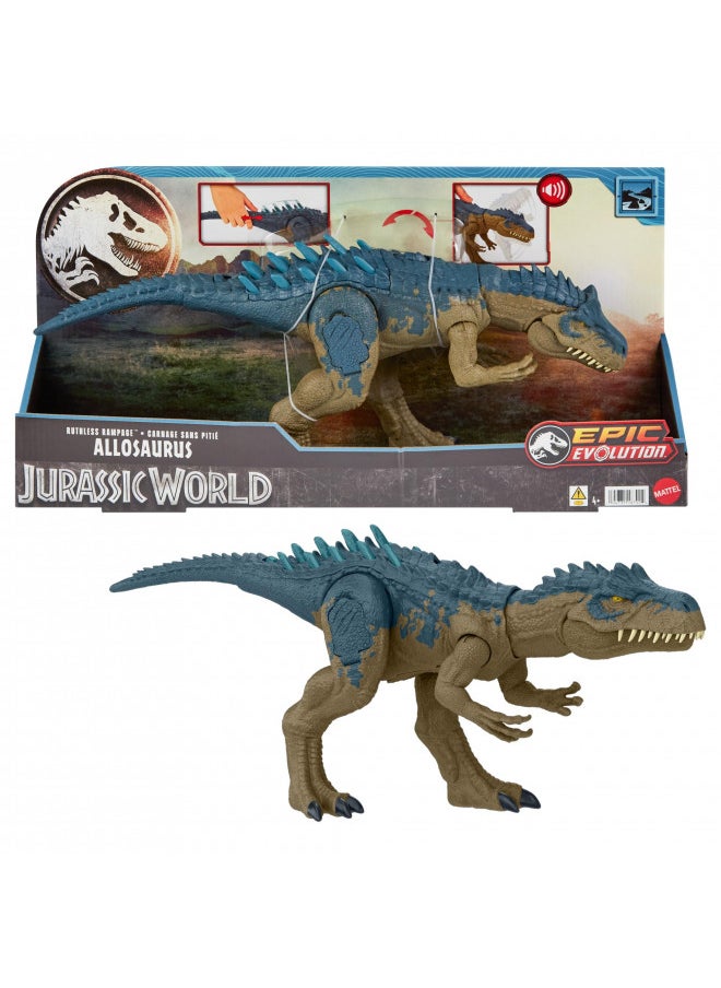 Mattel Jurassic World Ruthless Rampagin Allosaurus Dinosaur Toy, Action Figure with Continuous Chomp Attack & Roar Sounds, Button Activated Evolved Battle Spikes