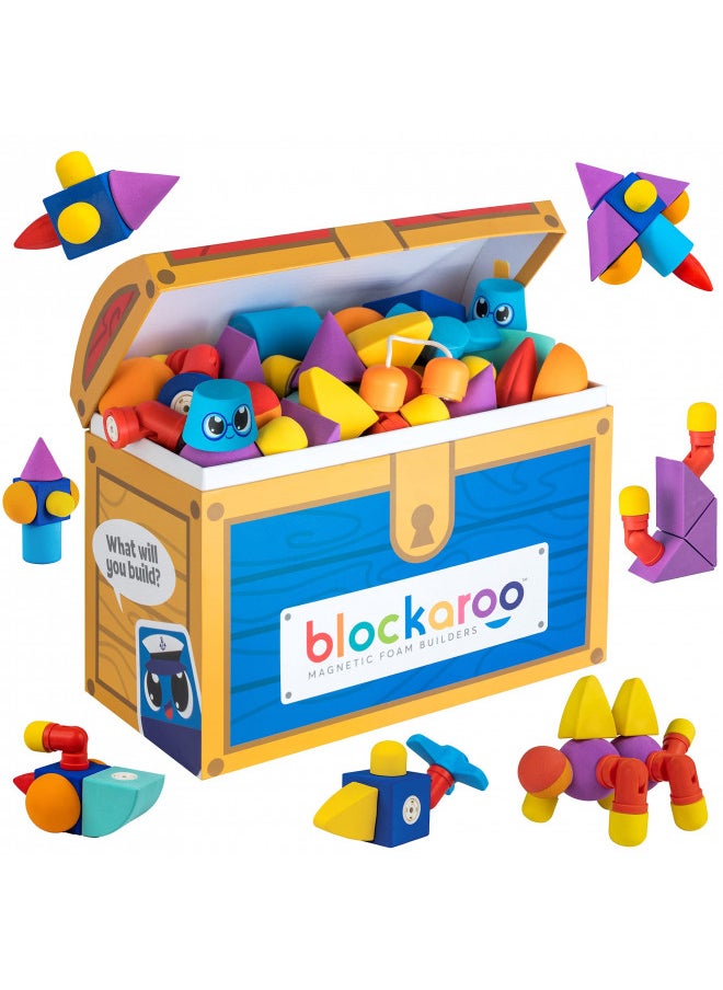 Blockaroo Magnetic Foam Blocks STEM Preschool Toys for Children, Toddlers, Boys and Girls, The Ultimate Bath Toy 100 Piece Set with Toy Chest, Bath Building Blocks, Engineering Toys for Kids 3-6