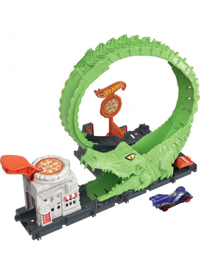 Hot Wheels Toy Car Track Set Gator Loop Attack Playset in Pizza Place with 1:64 Scale Car, Connects to Other Sets