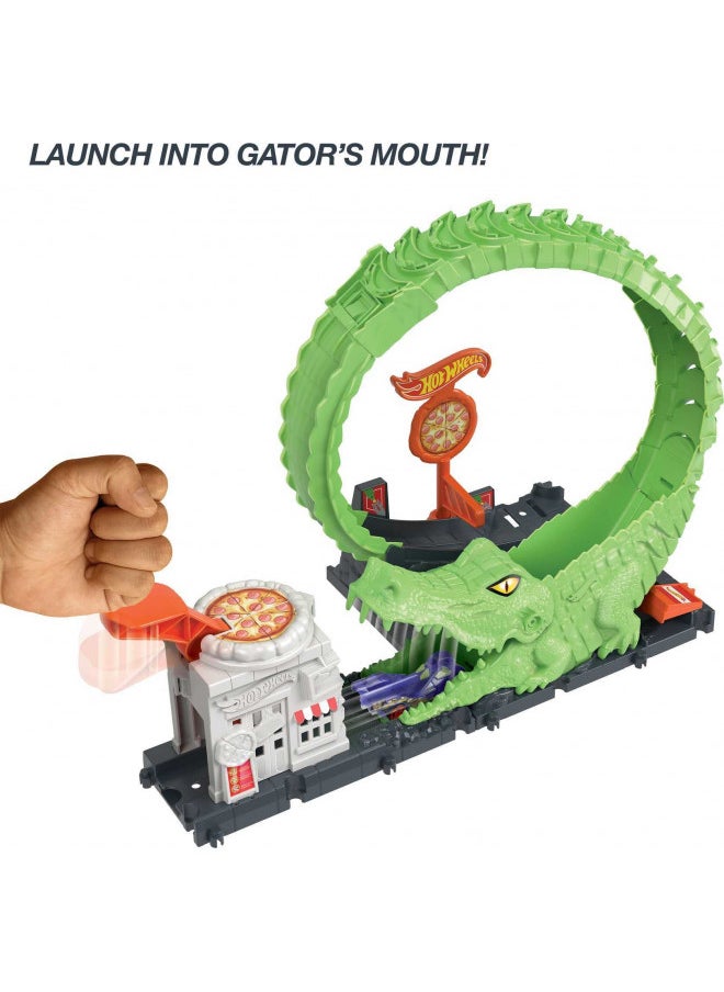 Hot Wheels Toy Car Track Set Gator Loop Attack Playset in Pizza Place with 1:64 Scale Car, Connects to Other Sets