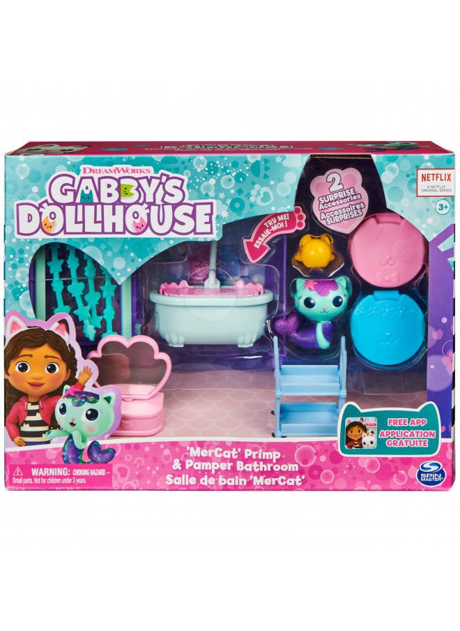 Gabby's Dollhouse, Primp and Pamper Bathroom with Mercat Figure, 3 Accessories, 3 Furniture and 2 Deliveries, Kids Toys for Ages 3 and up